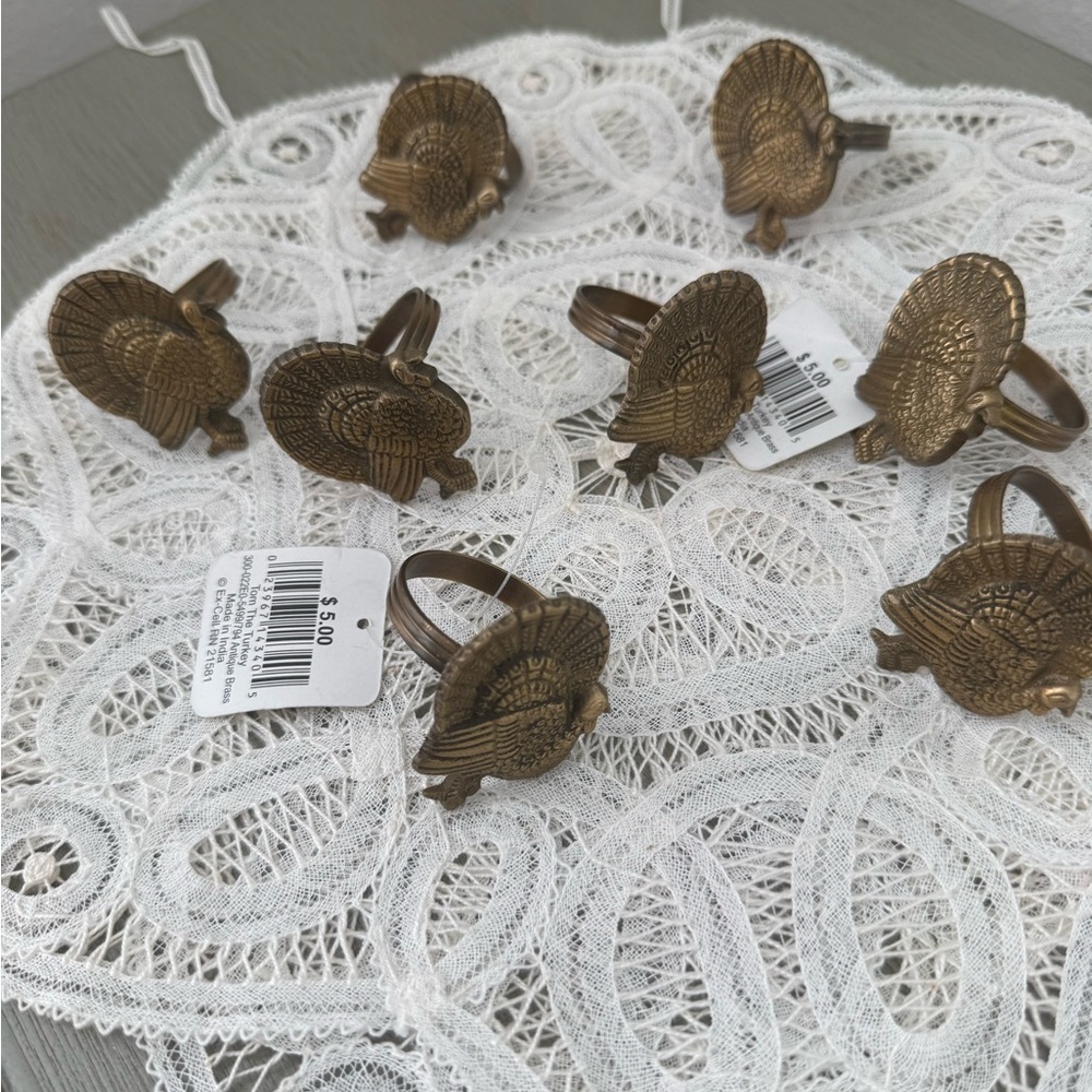 Set of eight metal turkey napkin rings